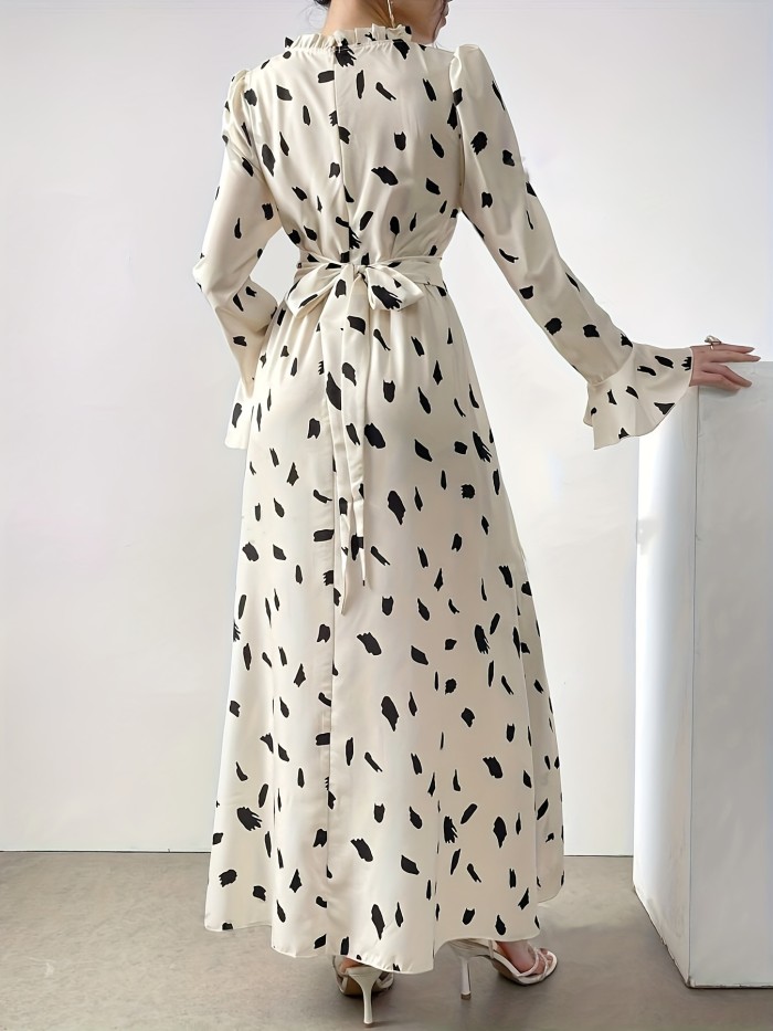 Elegant Floral Embossed Long Kaftan Dress for Women - High Neck, Non-Sheer Polyester, Machine Washable - Perfect for Spring\u002FFall