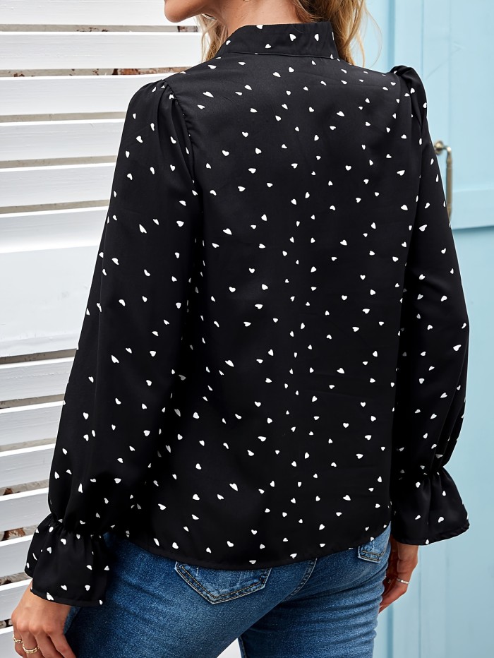 Women's Elegant French Heart Print Ruffle Sleeve Blouse, Polyester, V-Neck, Regular Length, Long Sleeves, Autumn Fashion, Top for Adults, Woven Fabric