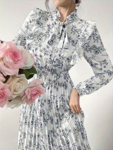 Women's Elegant Floral Print Pleated Waist Long Sleeve Dress, Polyester, Round Neck, Spring\u002FAutumn Season, Adult Fit, Woven Fabric