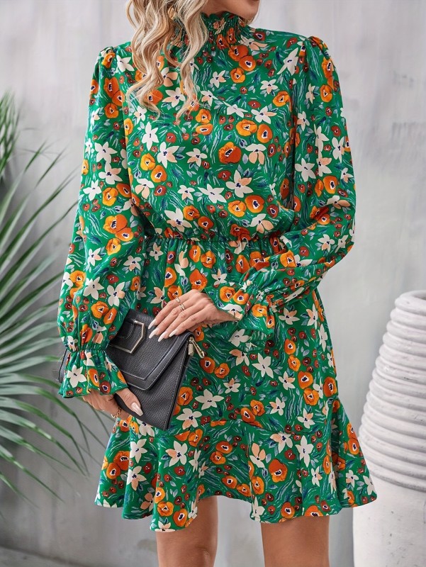 Floral Print Ruffle Hem A-line Dress, Elegant Mock Neck Long Sleeve High Waist Dress, Women's Clothing