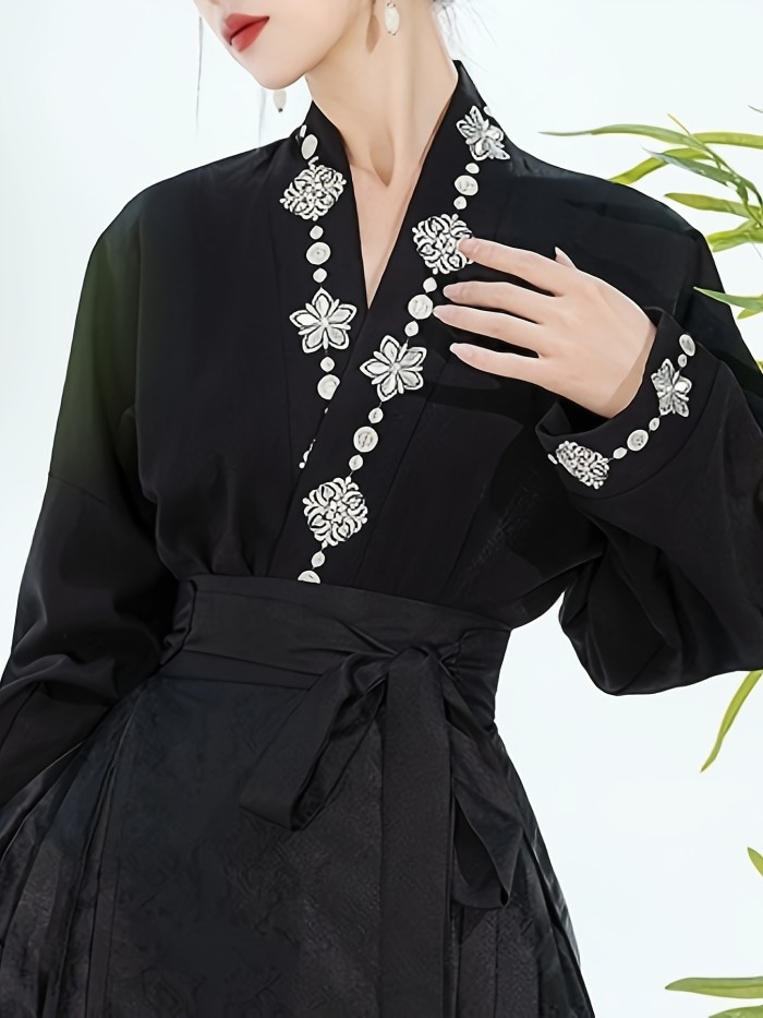 Elegant Floral V-Neck Blouse - Women's Casual Long Sleeve Shirt for Spring & Fall - Chinese Inspired Pattern, Comfortable Fabric, Relaxed Fit, and Versatile Style