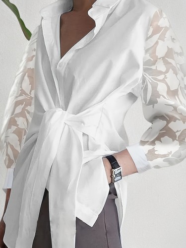 Elegant Lace Blouse - Delicate Lace Knot Front, Classic Button Front, Long Sleeve Design - Perfect for Womens Spring & Fall Fashion, Stylish Clothing for Any Occasion