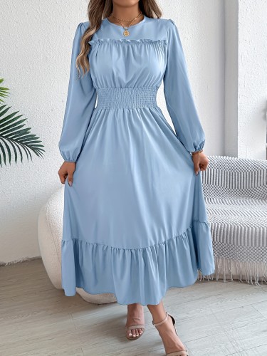 Chic Fall\u002FWinter Vacation Dress - Solid Color, Long Sleeve with Cinched Waist & Ruffle Hem, Machine Washable