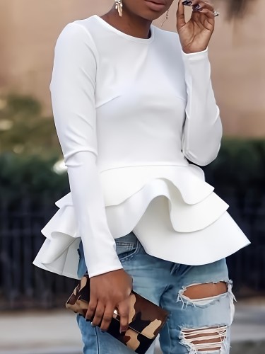 Chic Solid Hem Crew Neck Top - Timeless Elegance for Women - Warm Long Sleeves, Flattering Design - Premium Wardrobe Staple