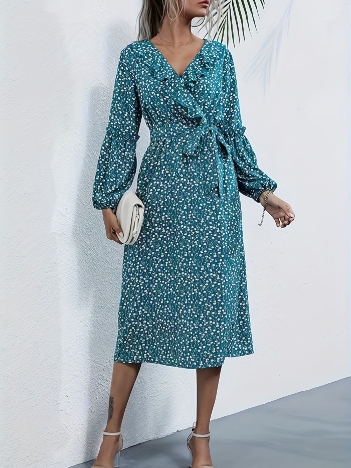Floral Print Long Sleeve Dress, Elegant Ruffle Trim Belted Surplice Neck Dress For Spring & Fall, Women's Clothing