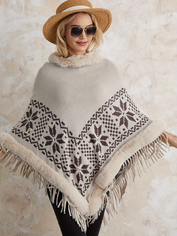 Women's Autumn Winter Poncho Sweater Plush Collar Boho Tassel Cape Knitwear Tops