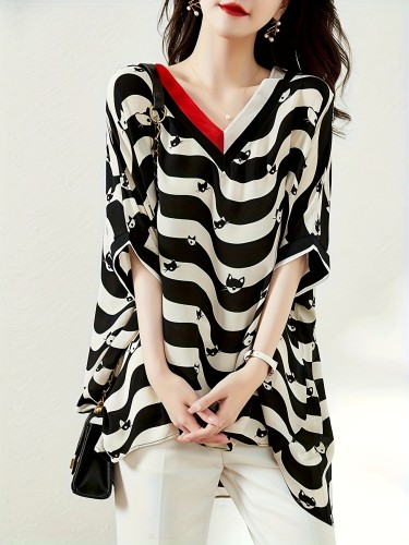 Chic Half Sleeve Cat Print Blouse - Color Block & Striped V-Neck, Asymmetrical Cut for Spring & Summer - Trendy Women's Casual Wear