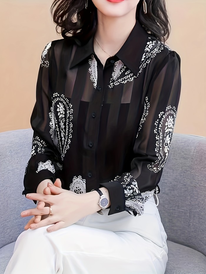 Charming Paisley Print Lace Shirt - Fashionable Button Front, Long Sleeve Casual Wear - Perfect for Spring & Fall, Womens Closet Staple