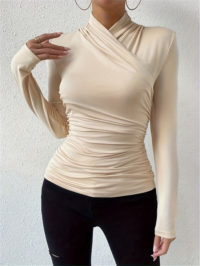 Solid Ruched Cross Turtle Neck T-Shirt, Casual Long Sleeve Slim T-Shirt For Spring & Fall, Women's Clothing