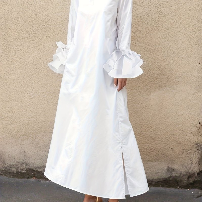 Spring And Autumn New Flared Sleeve Side Slit Lapel Dress, Solid Color Simple Casual A-line Women's Long Dress