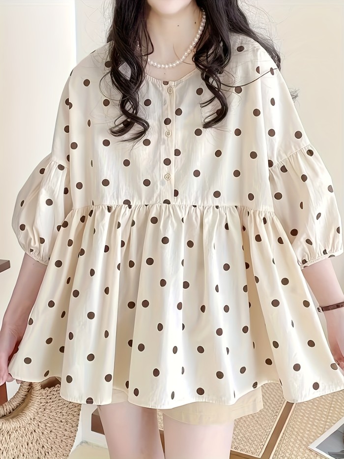 Casual Yet Elegant Women's Polka Dot Blouse with Crew Neck & Lantern Sleeves - Durable, All-Season Comfort