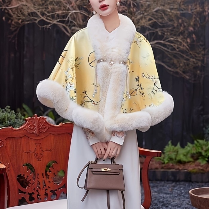 Elegant Chinese-Style Fur-Trimmed Poncho: Perfect for Special Occasions and Everyday Wear