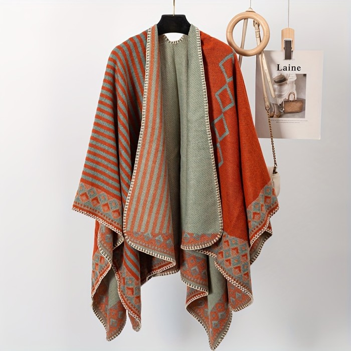 Elegant Tasseled Hooded Cape - Thick, Soft Print Shawl with Windproof Qualities - Cozy Peach Heart Pattern for Stylish Warmth, Ideal for Casual Outdoor Use