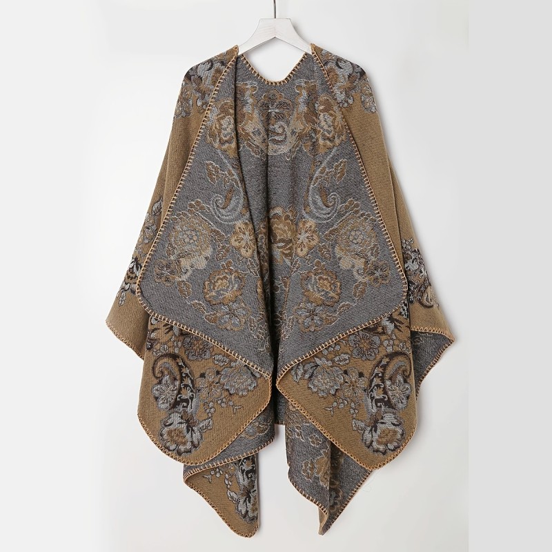 Vintage Jacquard Shawl Poncho, Elegant Casual Long Winter Warm Wrap, Trendy Blanket Scarf