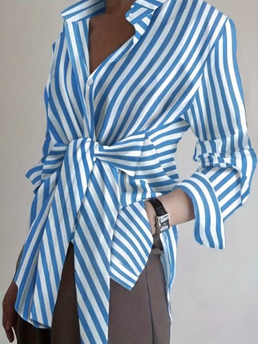 Vibrant Striped Print Long Sleeve Blouse - Classic Single-Breasted Design, Casual Collared, Tie Waist, Comfortable Fabric, Perfect for Spring & Fall, Women's Fashion Clothing