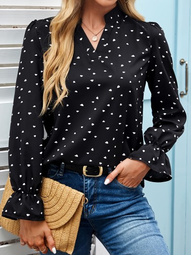 Women's Elegant French Heart Print Ruffle Sleeve Blouse, Polyester, V-Neck, Regular Length, Long Sleeves, Autumn Fashion, Top for Adults, Woven Fabric