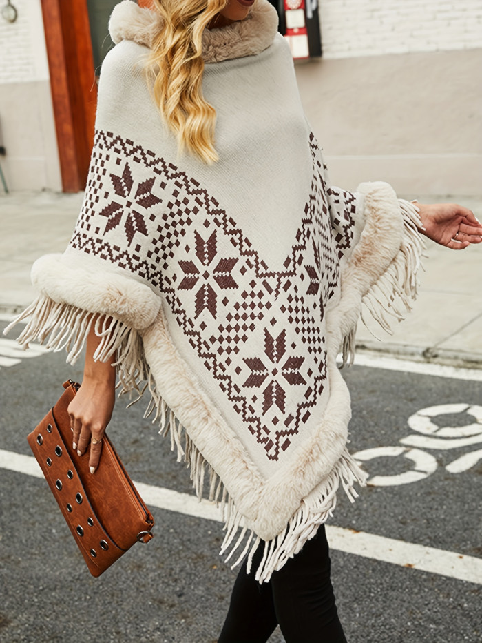 Women's Autumn Winter Poncho Sweater Plush Collar Boho Tassel Cape Knitwear Tops