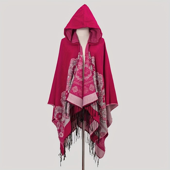 Elegant Tasseled Hooded Cape - Thick, Soft Print Shawl with Windproof Qualities - Cozy Peach Heart Pattern for Stylish Warmth, Ideal for Casual Outdoor Use