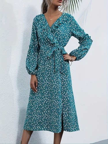 Floral Print Long Sleeve Dress, Elegant Ruffle Trim Belted Surplice Neck Dress For Spring & Fall, Women's Clothing