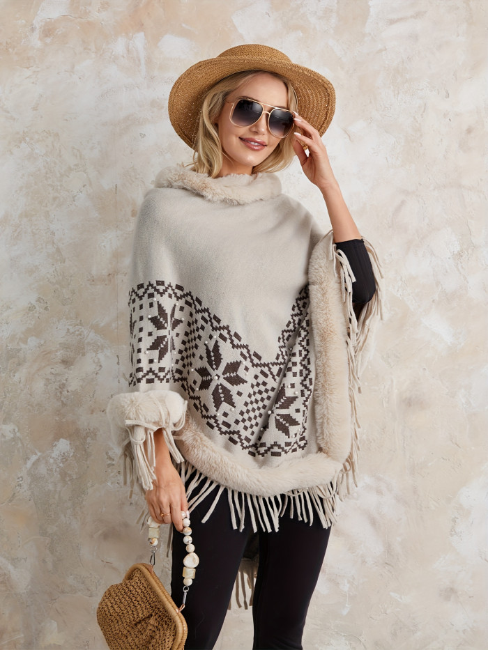 Women's Autumn Winter Poncho Sweater Plush Collar Boho Tassel Cape Knitwear Tops