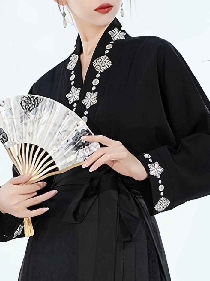Elegant Floral V-Neck Blouse - Women's Casual Long Sleeve Shirt for Spring & Fall - Chinese Inspired Pattern, Comfortable Fabric, Relaxed Fit, and Versatile Style