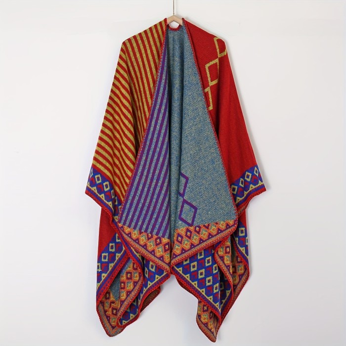 Elegant Tasseled Hooded Cape - Thick, Soft Print Shawl with Windproof Qualities - Cozy Peach Heart Pattern for Stylish Warmth, Ideal for Casual Outdoor Use