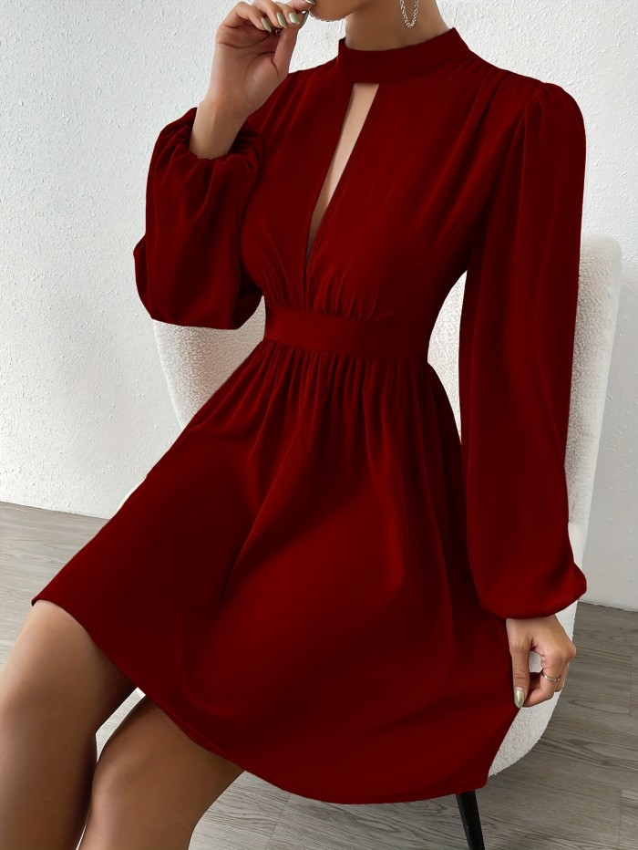 Women's Elegant A-Line Knee-Length Dress, Christmas New Year Red, Polyester, High Neck, Solid Color, Long Bell Sleeves, No Belt, Spring\u002FAutumn, A-Shape, Loose Fit, Hollow-Out Detail, Slim Fit, Woven Fabric, 220g