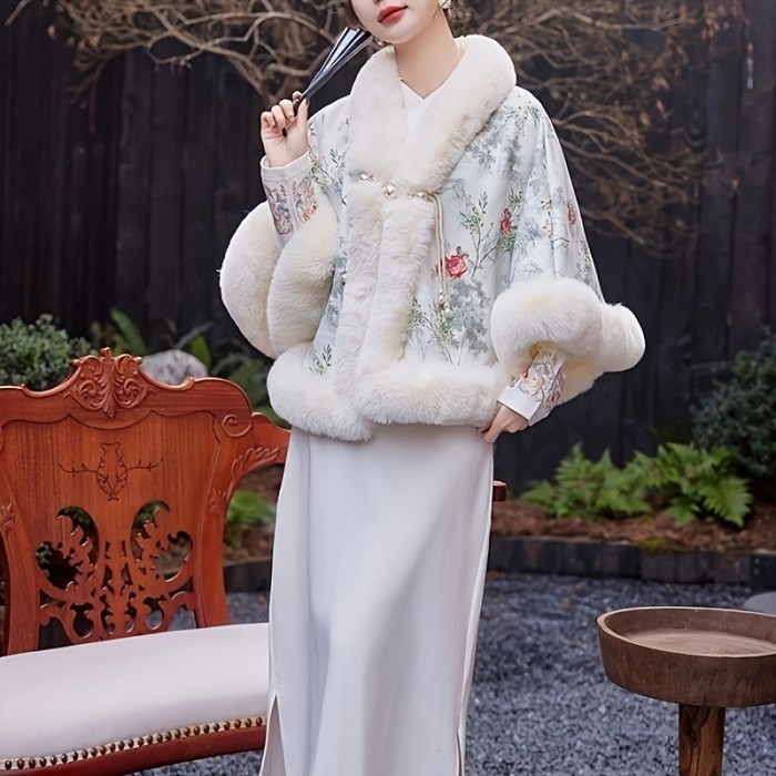 Elegant Chinese-Style Fur-Trimmed Poncho: Perfect for Special Occasions and Everyday Wear