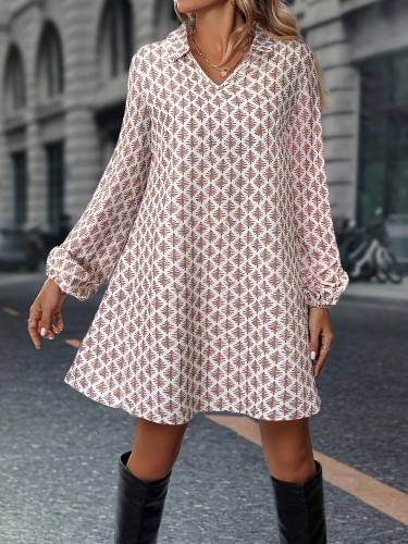 1pc Elegant V-Neck Printed Dress for Women, Polyester Blend, Loose Fit A-Line Dress with Elastic Cuffs, Spring\u002FAutumn Fashion, Adult Size