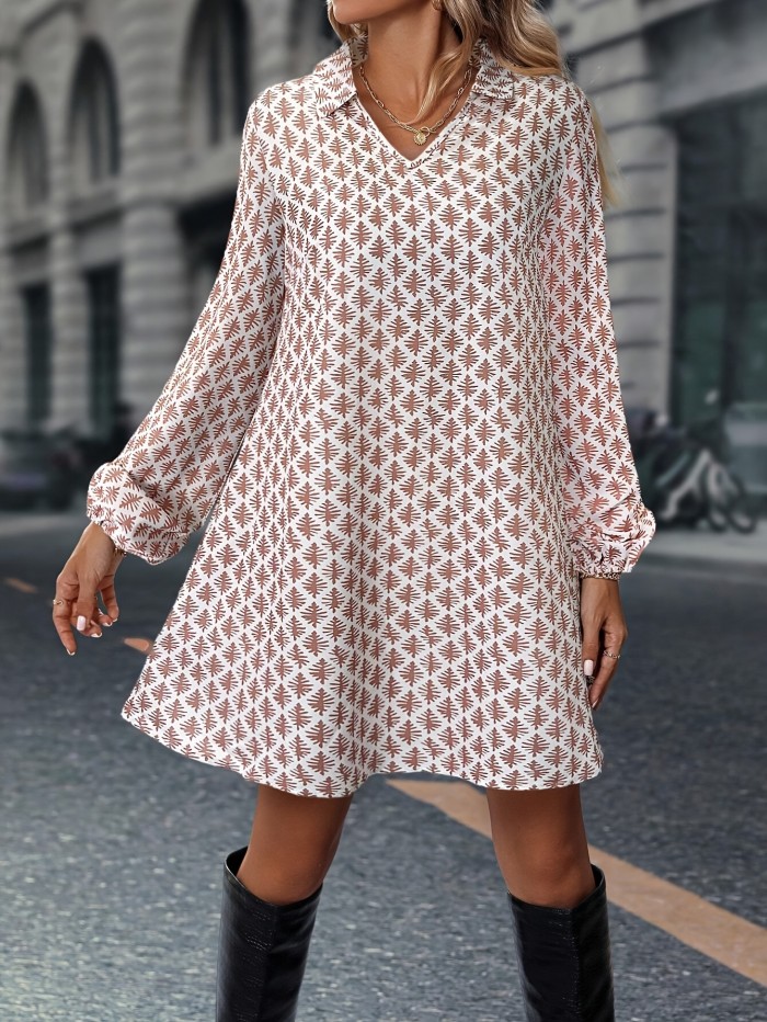 1pc Elegant V-Neck Printed Dress for Women, Polyester Blend, Loose Fit A-Line Dress with Elastic Cuffs, Spring\u002FAutumn Fashion, Adult Size