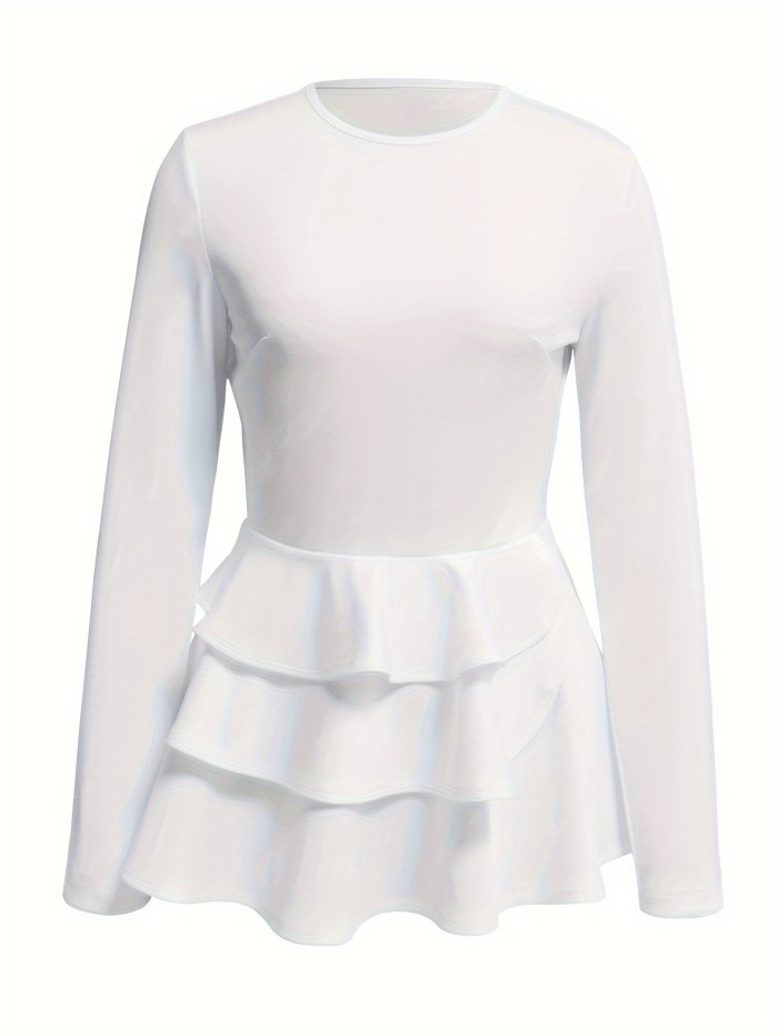 Chic Solid Hem Crew Neck Top - Timeless Elegance for Women - Warm Long Sleeves, Flattering Design - Premium Wardrobe Staple