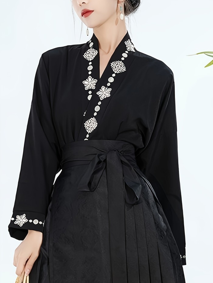 Elegant Floral V-Neck Blouse - Women's Casual Long Sleeve Shirt for Spring & Fall - Chinese Inspired Pattern, Comfortable Fabric, Relaxed Fit, and Versatile Style