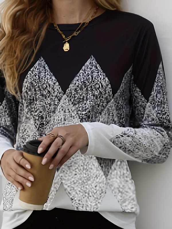 Argyle Print Crew Neck T-shirt, Casual Long Sleeve Top For Spring & Fall, Women's Clothing