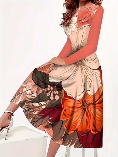 Elegant Crew Neck Floral Print Long Sleeve Dress - Loose Fit A-Line Polyester Blend with Elastane, All-Season Tropical Plant Pattern Knit Fabric Maxi Dress with Flared Hem