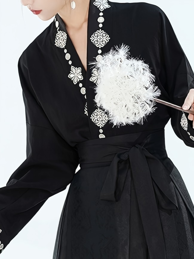 Elegant Floral V-Neck Blouse - Women's Casual Long Sleeve Shirt for Spring & Fall - Chinese Inspired Pattern, Comfortable Fabric, Relaxed Fit, and Versatile Style