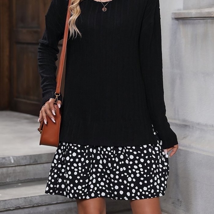 Elegant Dalmatian Print Ruffle Hem Dress - Long Sleeve, Crew Neck, Stretchy Polyester Blend - Perfect for Spring & Fall