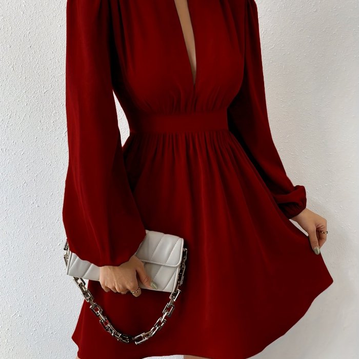 Women's Elegant A-Line Knee-Length Dress, Christmas New Year Red, Polyester, High Neck, Solid Color, Long Bell Sleeves, No Belt, Spring\u002FAutumn, A-Shape, Loose Fit, Hollow-Out Detail, Slim Fit, Woven Fabric, 220g