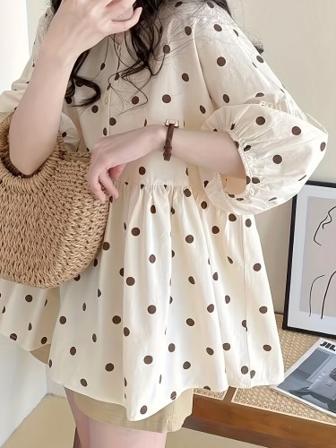Casual Yet Elegant Women's Polka Dot Blouse with Crew Neck & Lantern Sleeves - Durable, All-Season Comfort
