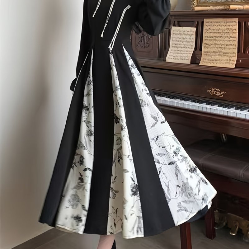 Elegant Chinese-Inspired Long Dress with Floral Print - Comfortable Lantern Sleeves, Cheongsam Collar, Perfect for Parties & Vacations
