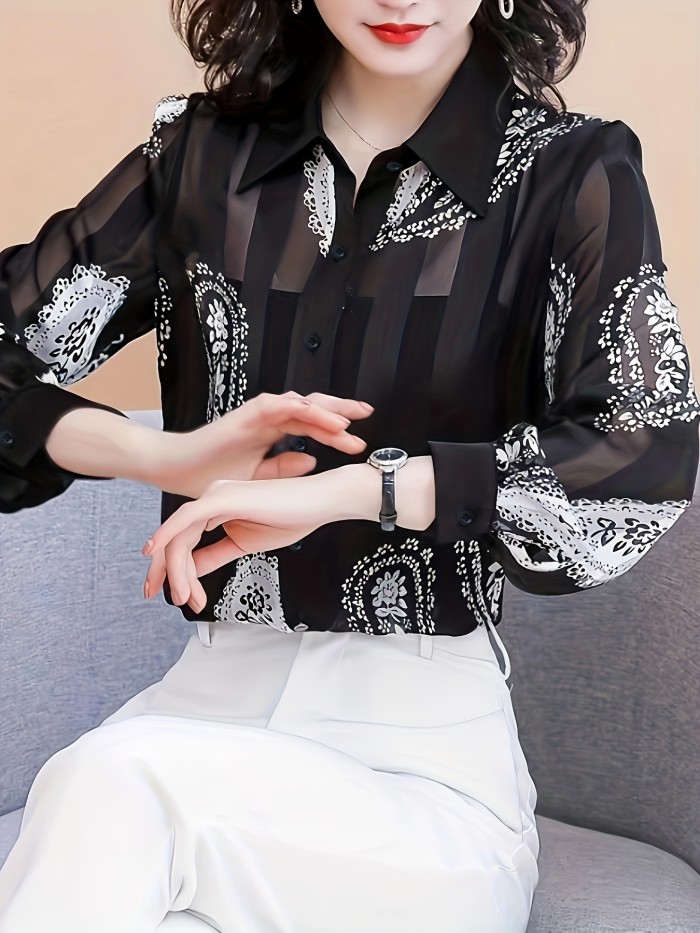 Charming Paisley Print Lace Shirt - Fashionable Button Front, Long Sleeve Casual Wear - Perfect for Spring & Fall, Womens Closet Staple