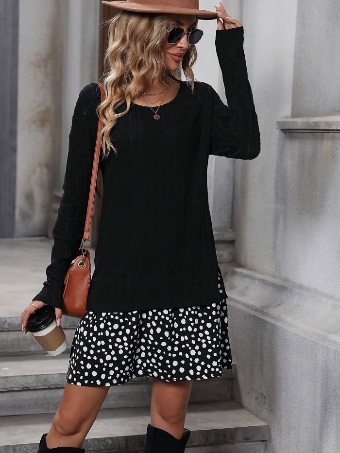 Elegant Dalmatian Print Ruffle Hem Dress - Long Sleeve, Crew Neck, Stretchy Polyester Blend - Perfect for Spring & Fall