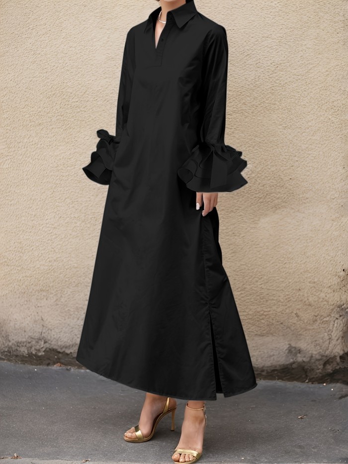 Spring And Autumn New Flared Sleeve Side Slit Lapel Dress, Solid Color Simple Casual A-line Women's Long Dress