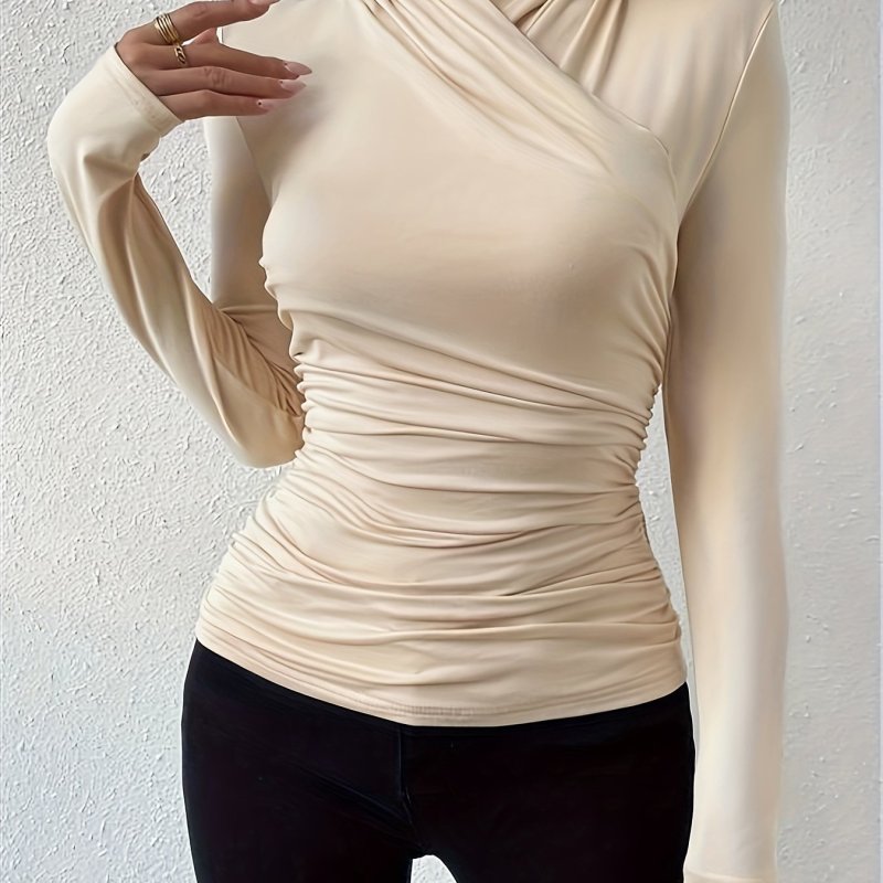 Solid Ruched Cross Turtle Neck T-Shirt, Casual Long Sleeve Slim T-Shirt For Spring & Fall, Women's Clothing