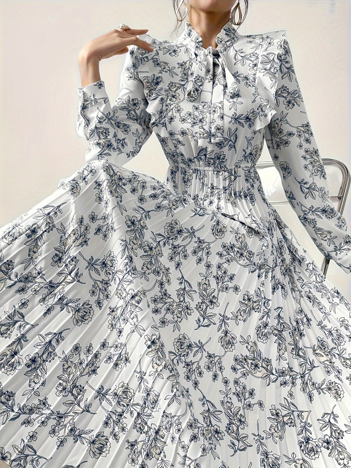 Women's Elegant Floral Print Pleated Waist Long Sleeve Dress, Polyester, Round Neck, Spring\u002FAutumn Season, Adult Fit, Woven Fabric