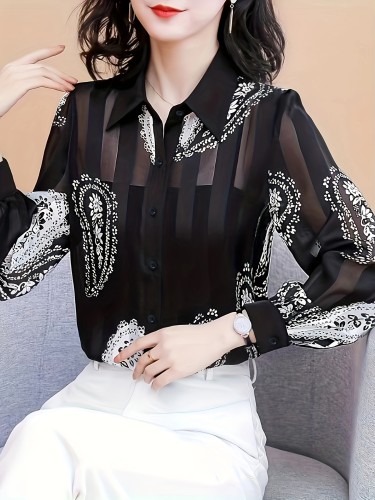 Charming Paisley Print Lace Shirt - Fashionable Button Front, Long Sleeve Casual Wear - Perfect for Spring & Fall, Womens Closet Staple