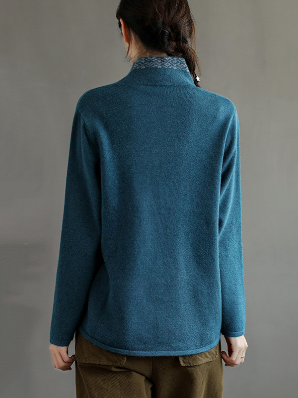 Vintage Solid Color Embroidered Wool Blend Cardigan Top