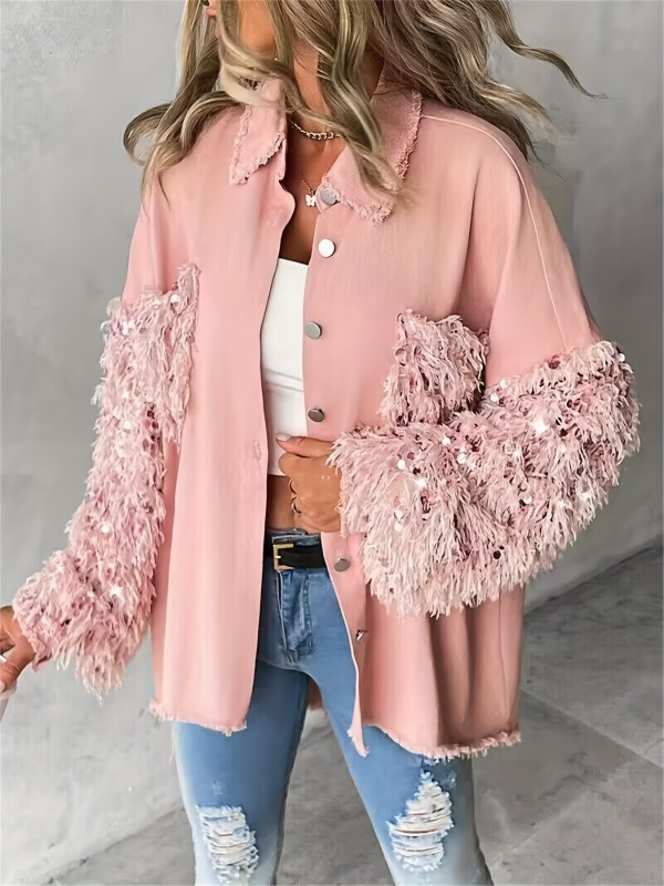 Pink Casual Sequin Patchwork Jacket