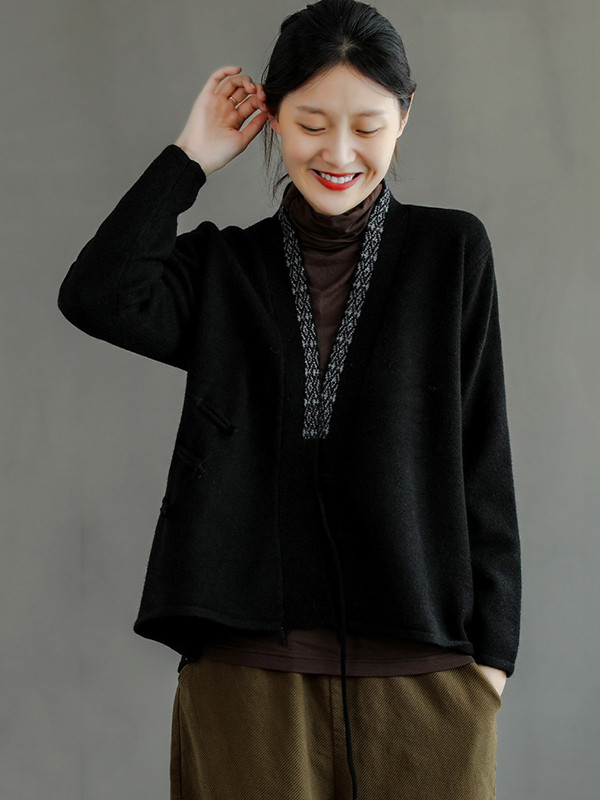 Vintage Solid Color Embroidered Wool Blend Cardigan Top