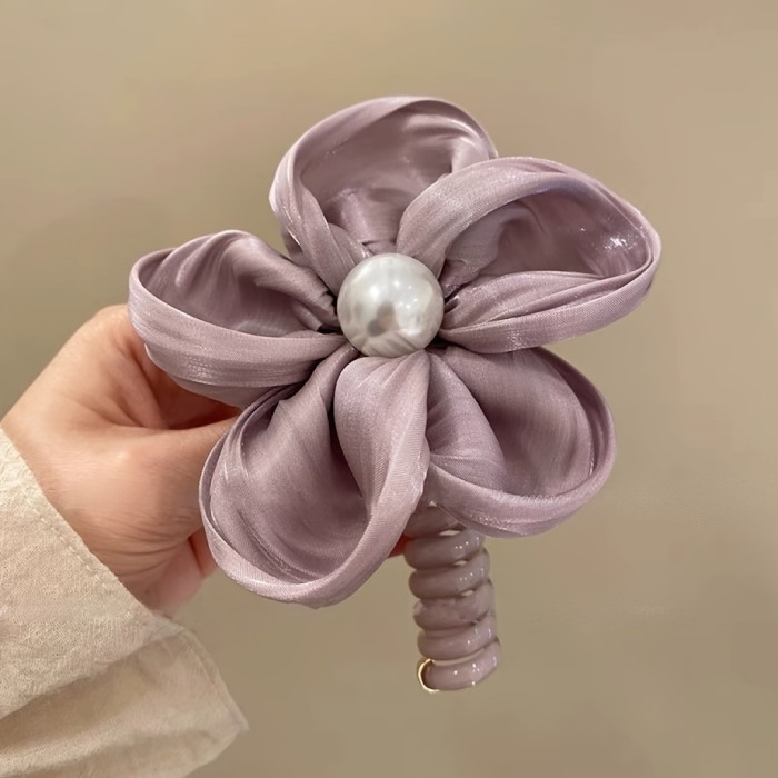 Elegant Floral Spiral Hair Tie - Vintage-Inspired Fabric Ponytail Holder with Faux Pearl Accent, Chic Hair Accessory for Women and Girls