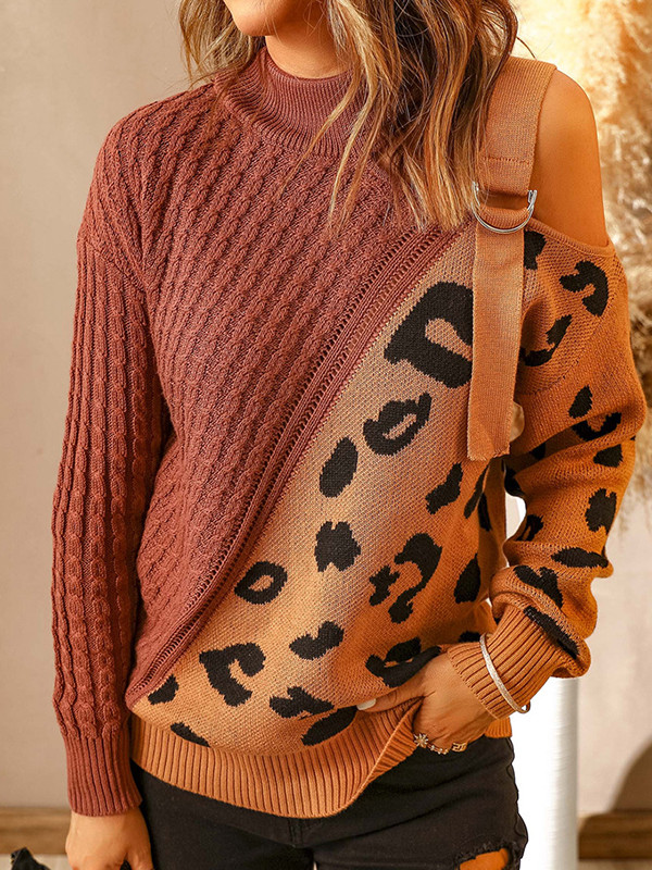 Long Sleeves Loose Asymmetric Buckle Hollow Leopard Split-Joint High Neck Pullovers Sweater Tops